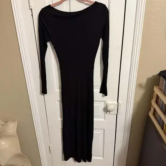 Staud Gres Midi Dress Black Ruched Slimming Long Sleeve Boat Neck Minimal Small - Picture 6 of 12